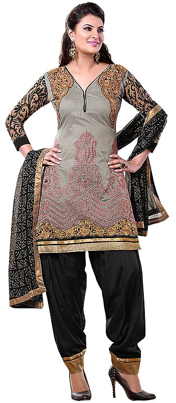 Gray and Black Patiala Salwar Kameez Suit with Thread Embroidery and Golden Patches