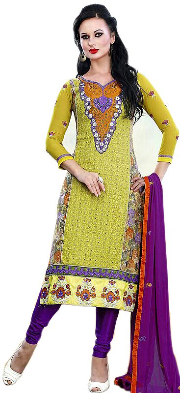 Muted-Lime Long Choodidaar Kameez Suit with Patch Embroidered Neck and Printed Roses at Back