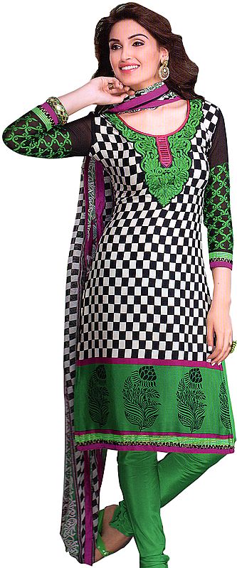 Fern-Green Choodidaar Kameez Suit with Chess Print and Embroidered Patch on Neck