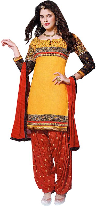 Amber-Yellow and Red Designer Patiala Salwar Kameez Suit with Embroidery on Neck and Patch Border