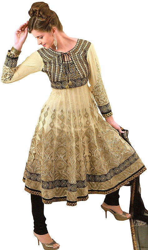 Golden-Fleece and Black Designer Anarkali Suit with Metallic Thread-Embroidery and Stone