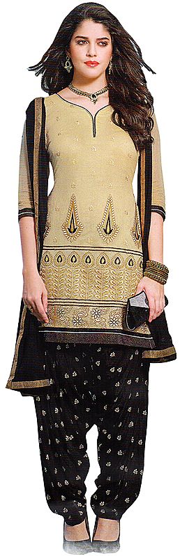 Silver-Green and Black Patiala Salwar Kameez Suit with Thread Embroidery and Bootis on Salwar
