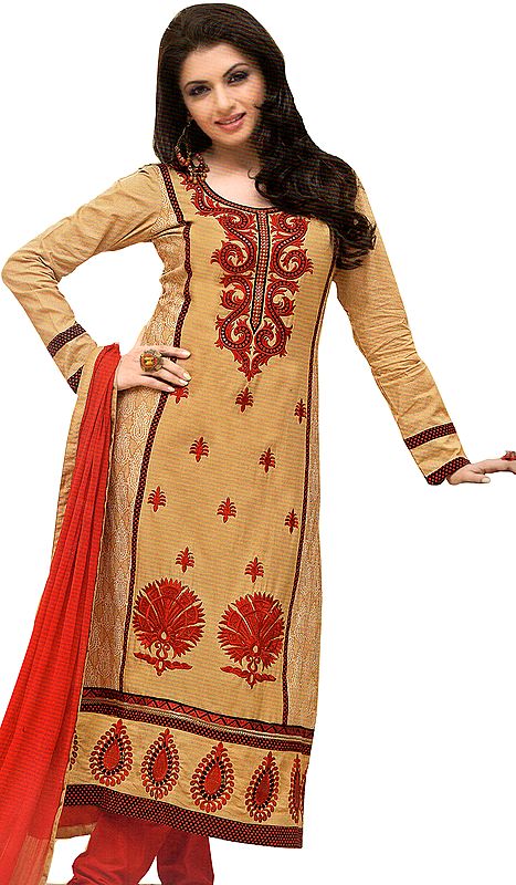 Desert-Mist and Red Long Choodidaar Kameez Suit with Embroidery and Printed Paisleys