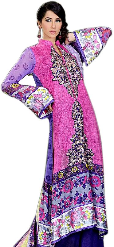 Raspberry-Rose Pakistani Salwar Kameez Suit with Floral Print and Embroidery