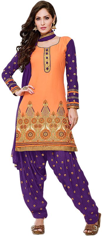 Orange and Dark Purple Patiala Salwar Kameez Suit with Embroidered Border and Bootis on Salwar