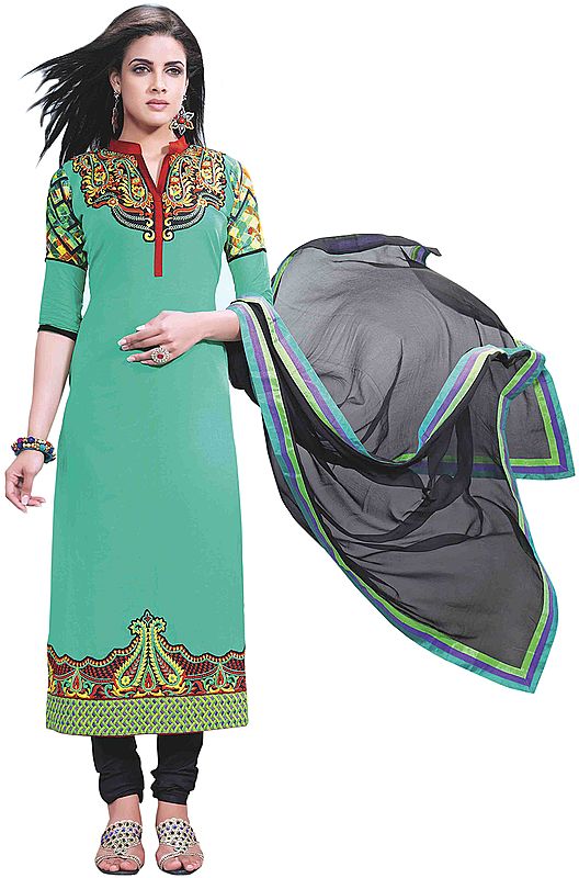 Peacock-Green Chudidar Kameez Suit with Embroidered Paisleys on Neck and Digital Print at Back