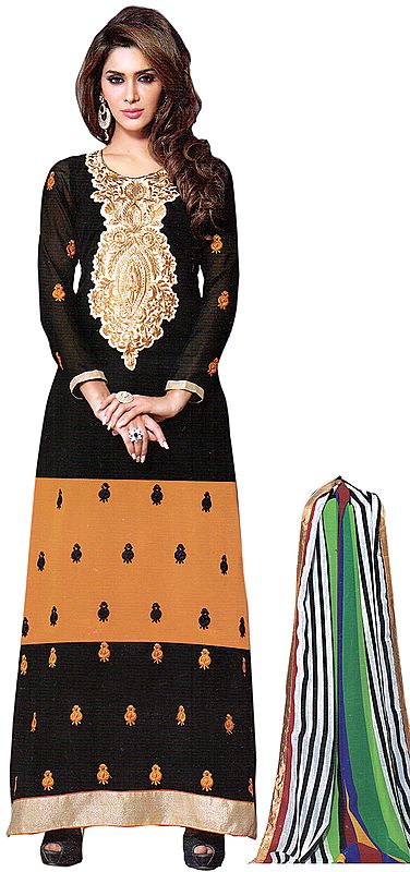 Black and Mustard Designer Long Chudidar Kameez Suit with Bootis and Embroidered Patch on Neck