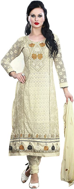 Ivory Long Choodidaar Kameez Suit with Embroidered Patch on Neck and Crochet Sleeves