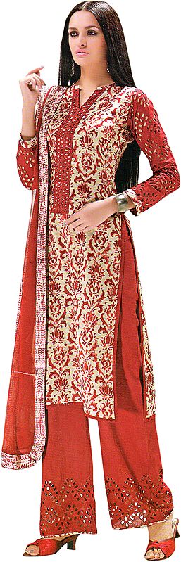 Bone-White and Cordovan Parallel Salwar Suit with Printed Flowers