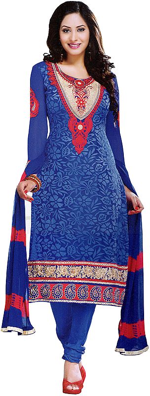 Bright-Blue Choodidaar Kameez Suit with Embroidery and Self Weave
