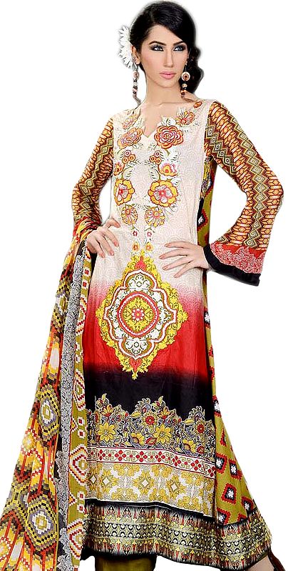 Sheer-Pink and Green Pakistani Salwar Kameez Suit with Floral Embroidered Motifs