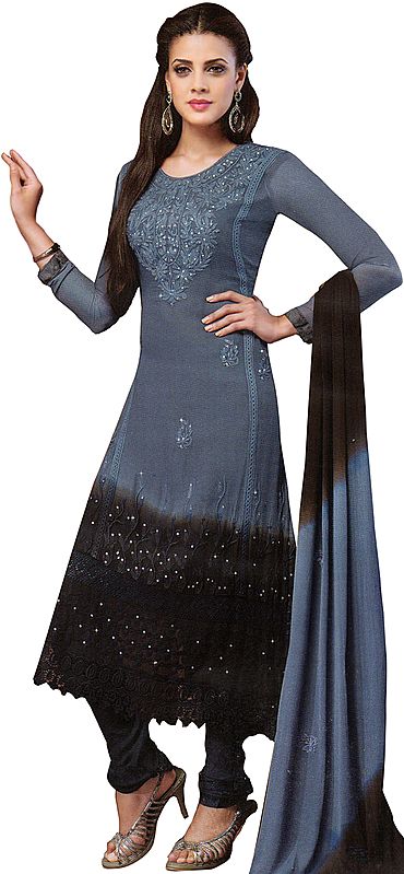 Gray and Black Shaded Embroidered Long Choodidaar Kameez Suit with Crystals