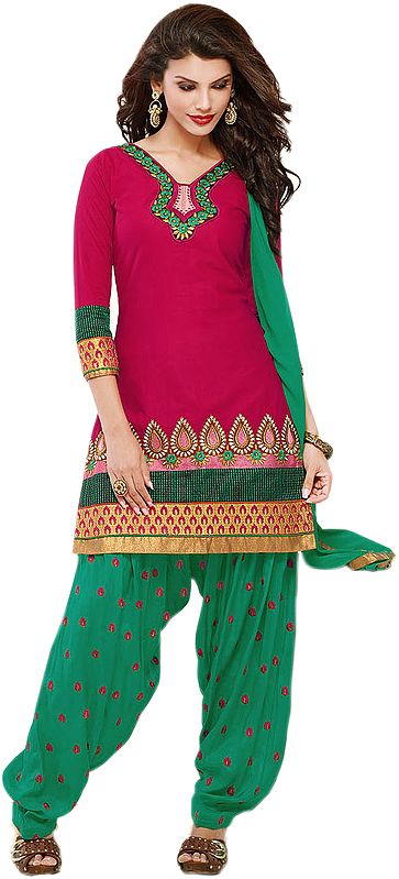 Bright-Rose and Green Patiala Salwar Kameez Suit with Floral Embroidered Neck and Border