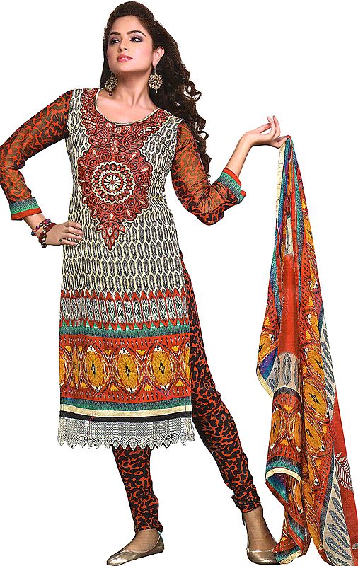 Choodidaar Kameez Suit with Embroidered Neck and Crochet Border