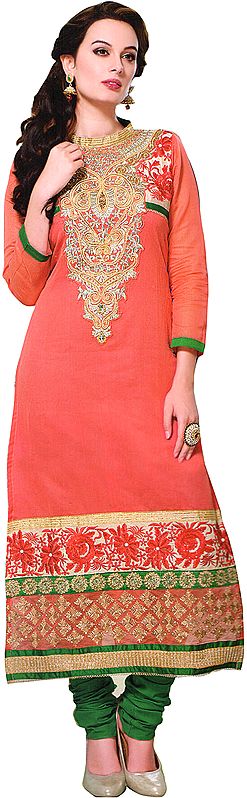 Sugar-Coral and Green Long Choodidaar Kameez Suit with Embroidered Beads
