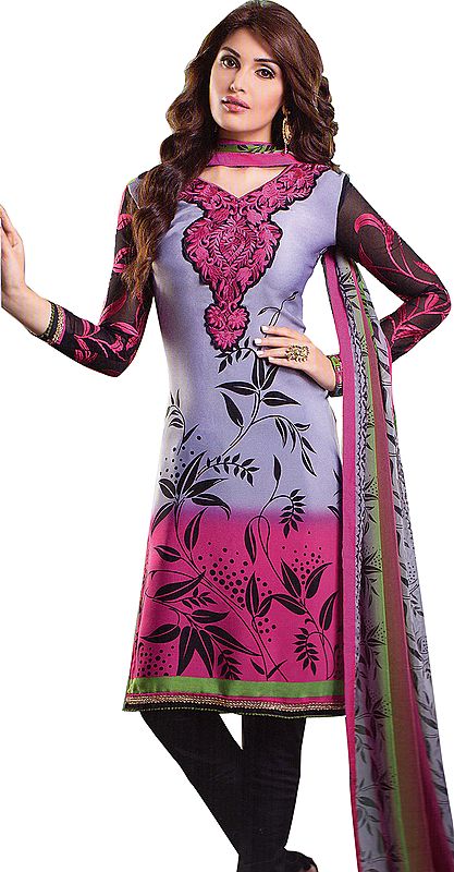 Eventide and Pink Shaded Choodidaar Kameez Suit with Printed Leaves and Embroidered Patch