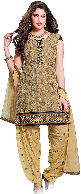 Apricot-Gelato Patiala Salwar Kameez Suit with Woven Lotuses and Embroidered Bootis on Salwar