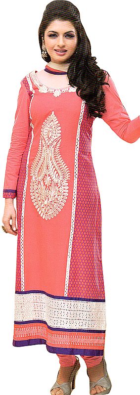 Salmon-Rose Long Chudidar Kameez Suit with Thread-Embroidery and Crochet Border