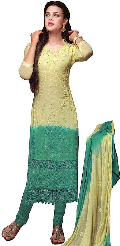 Tender-Yellow and Green Shaded Embroidered Long Choodidaar Kameez Suit with Cutwork Border and Crystals
