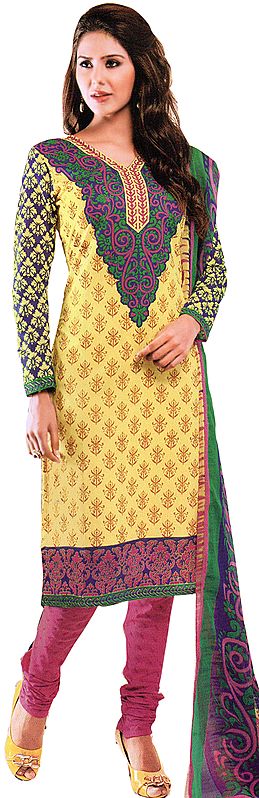 Yellow and Pink Choodidaar Kameez Suit with Floral Print