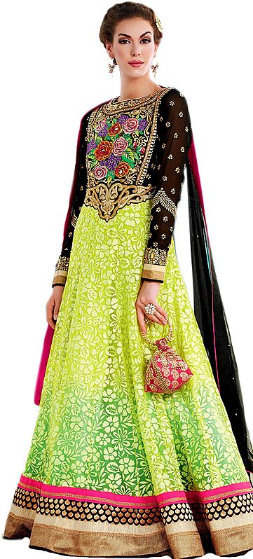 Black and Lime Parsi Embroidered Long Anarkali Suit with Crystals