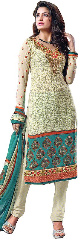 Ivory Printed Choodidaar Kameez Suit with Embroidered Patch