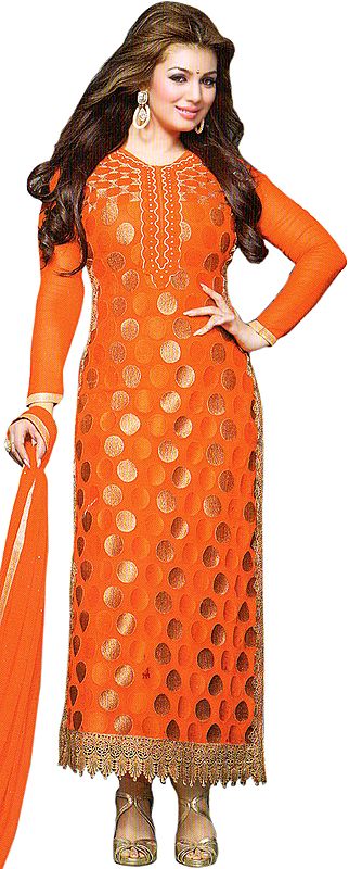 Ayesha Long Kameez Churidar Suit with Embroidered Bootis and Crochet Border