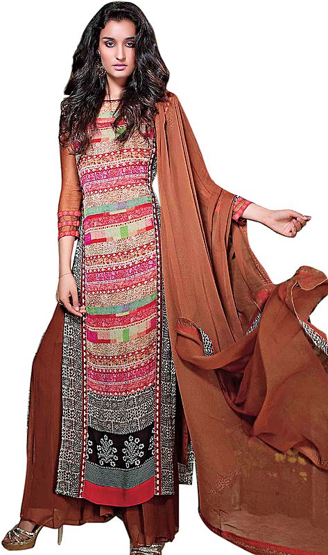 Dark-Brown Long Digital Printed Suit with Wide Salwar