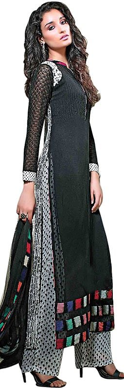 Black and White Long Kameez Suit with Parallel Salwar