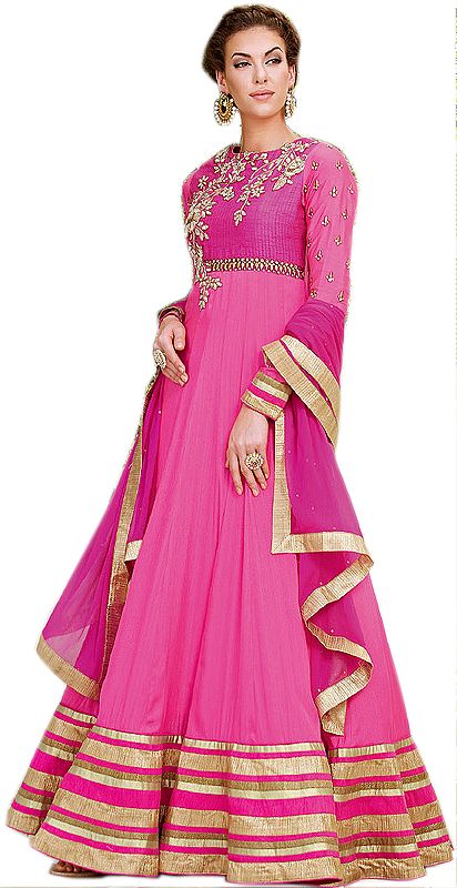 Azalea-Pink Designer Floral Embroidered Long Anarkali Suit with Golden Wide Border
