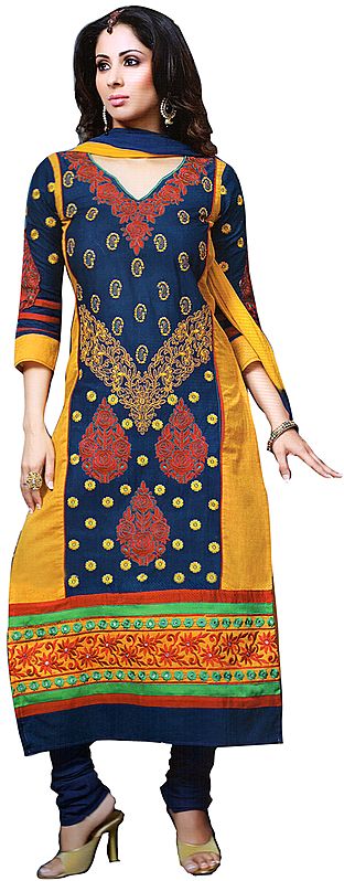 Patriot-Blue and Yellow Long Choodidaar Kameez Suit with Embroidered Bootis