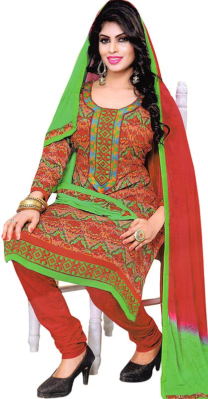 Bittersweet-Red and Green Digital Printed Choodidaar Kameez Suit with Embroidered Patch
