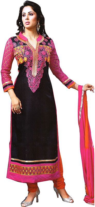 Black and Pink Embroidered Choodidaar Kameez Suit with Crochet Sleeves