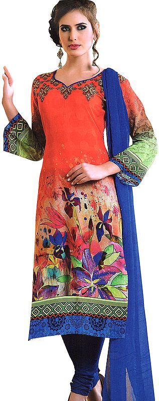 Hot-Coral and Blue Floral Printed Choodidaar Kameez Suit