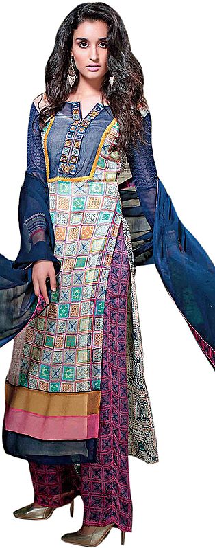 Multi-Colored Long Salwar Kameez Suit with Exotic Print