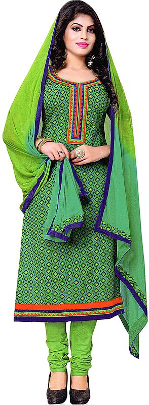 Dynasty-Green Printed Choodidaar Kameez Suit with Patch on Neck and Border