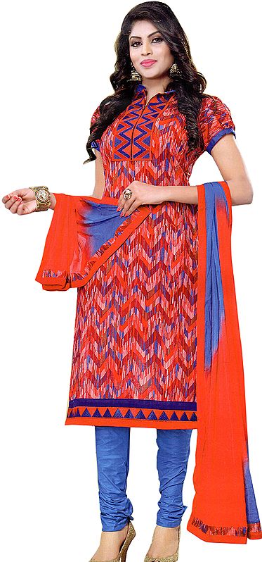 Sharon-Rose and Blue Choodidaar Kameez Suit with Printed Zigzag Stripes and Temple Border