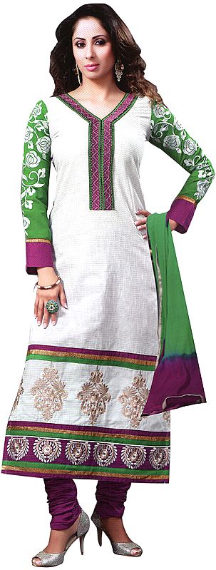 Snow-White Long Chudidar Kameez Suit with Embroidered Patch and Printed Motifs at Back