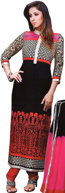 Black and Red Embroidered Chudidar Kameez Suit with Golden Patch on Neck