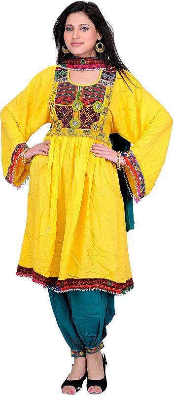 Yellow and Green Flaired Three-Piece Suit from Afghanistan with Multi-Coloured Embroidery and Bead-Work