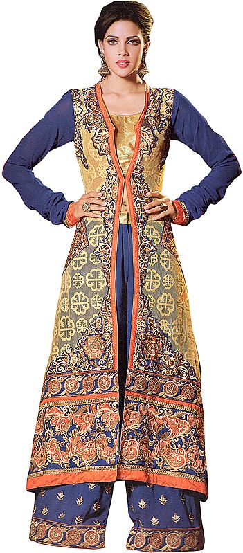 Blue and Golden Long Parallel Salwar Suit with Floral Embroidered Patches