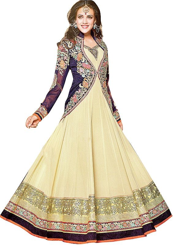 Sea-Mist and Eclipse-Blue Wedding Long Anarkali Suit with Embroidered Bolero Jacket