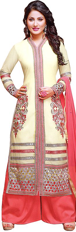 Wax-Yellow and Pink Long Parallel Salwar Suit with Embroidery and Cutwork Border