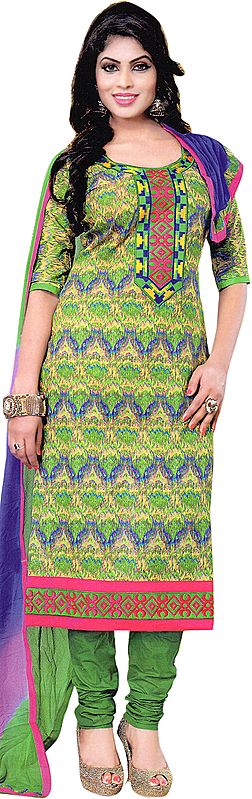 Vibrant-Green Printed Choodidaar Kameez Suit with Embroidered Patch