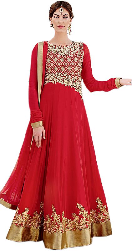 Tomato-Red Bridal Long Anarkali Suit with Floral Gold Embroidery and Shimmer Border