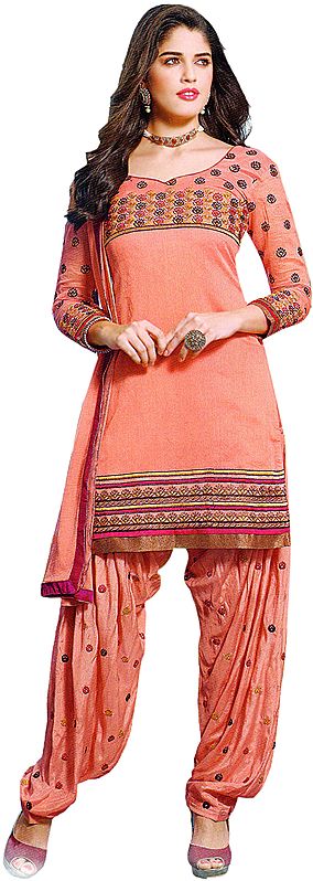Peach-Bud Patiala Salwar Kameez Suit with Embroidered Bootis