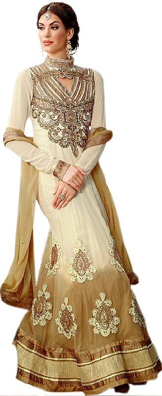 Ivory and Beige Wedding Anarkali Suit with Embroidered Patches in Golden Thread