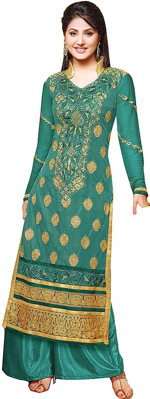 Viridian-Green Parallel Salwar Suit with Metallic Thread Embroidery