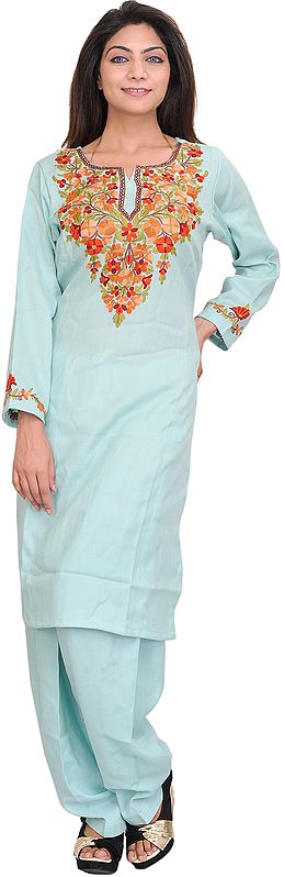 Opal-Blue Two-Piece Kashmiri Salwar Kameez with Floral Aari Embroidery on Neck