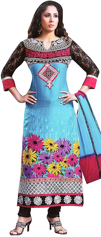 Cyan-Blue and Black Printed Long Chudidar Kameez Suit with Embroidered Patch and Net Sleeves